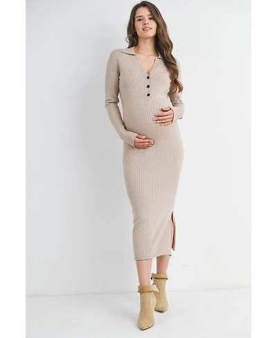 Hello Miz Maternity Long Sleeve Ribbed Collared V Neck Nursing Dress
