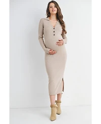 Hello Miz Maternity Long Sleeve Ribbed Collared V Neck Nursing Dress