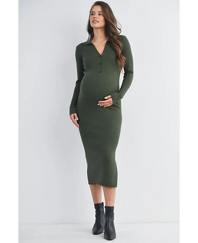 Hello Miz Maternity Long Sleeve Ribbed Collared V Neck Nursing Dress
