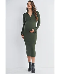Hello Miz Maternity Long Sleeve Ribbed Collared V Neck Nursing Dress