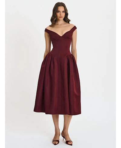Miss Circle Women's Omella Burgundy Ruched Bust Sweetheart Flared Maxi Dress