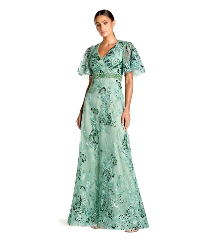 Mac Duggal Women's Floral Embellished Short Sleeve Faux Wrap Gown