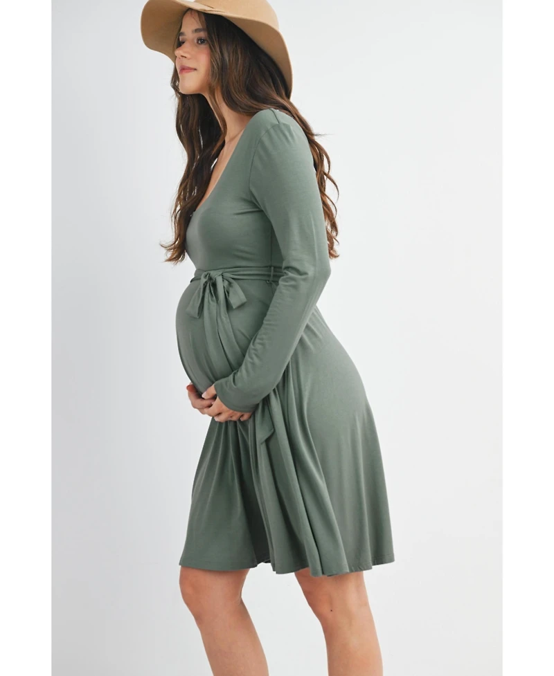 Hello Miz Maternity Scoop Neck Long Sleeve Tie Waist Dress
