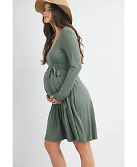 Hello Miz Maternity Scoop Neck Long Sleeve Tie Waist Dress