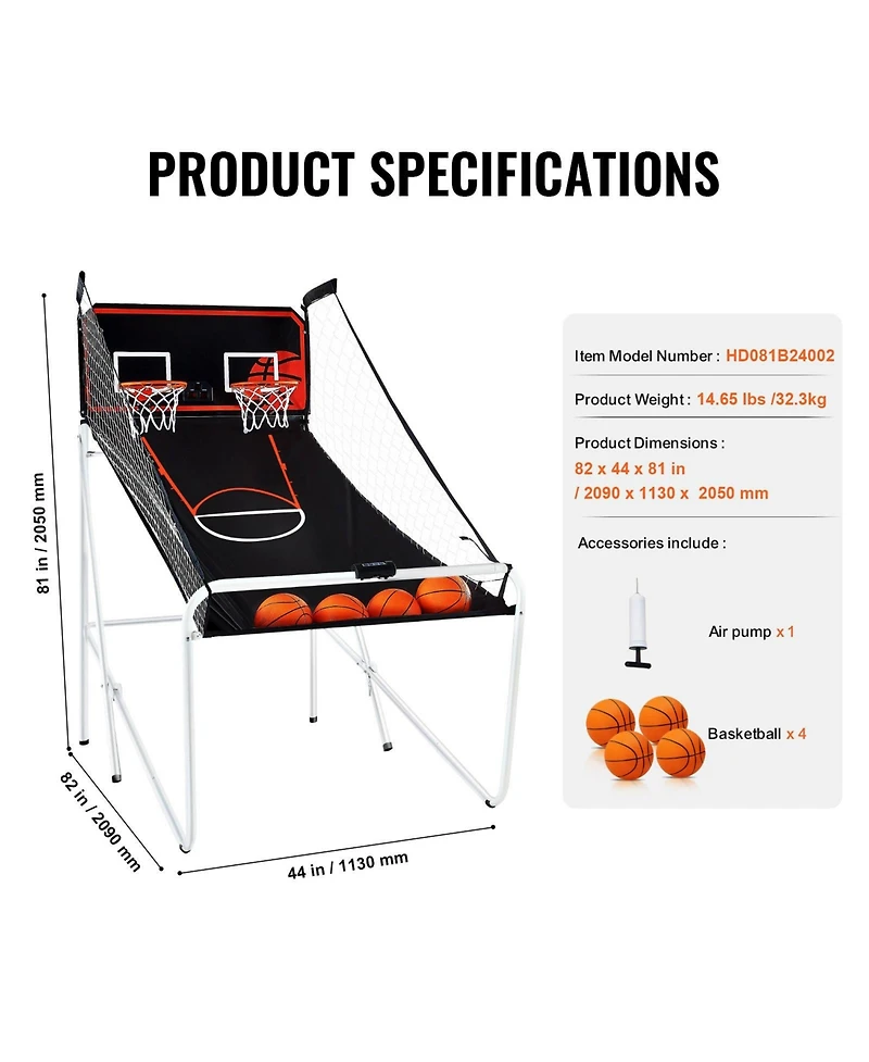 Mecale Foldable Basketball Arcade Game, 2-Player Indoor Dual Shot with 4 Balls, 8 Game Modes, Electronic Scoreboard and Pump