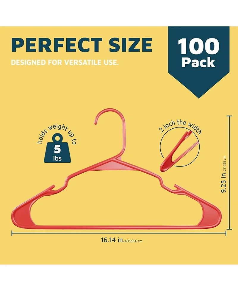 Lifemaster Heavy-duty red plastic hangers with non-slip shoulder grooves space-saving design .Pack of 100 for organizing clothes and coats