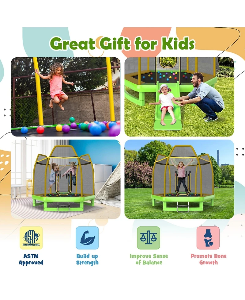 Sugift 7 Feet Trampoline with Ladder and Slide for Indoor and Outdoor-Green