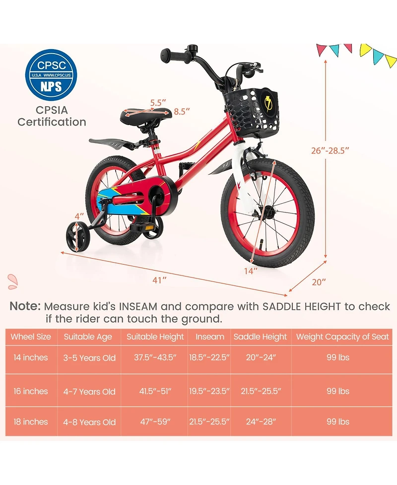 Sugift 14 Inch Kids Bike with 2 Training Wheels for 3-5 Years Old-Red