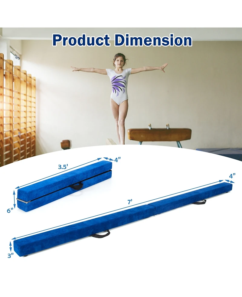 Sugift 7 Feet Folding Portable Floor Balance Beam with Handles for Gymnasts-Blue