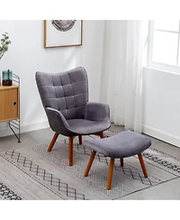 Simplie Fun Contemporary Silky Velvet Tufted Accent Chair with Ottoman, Gray