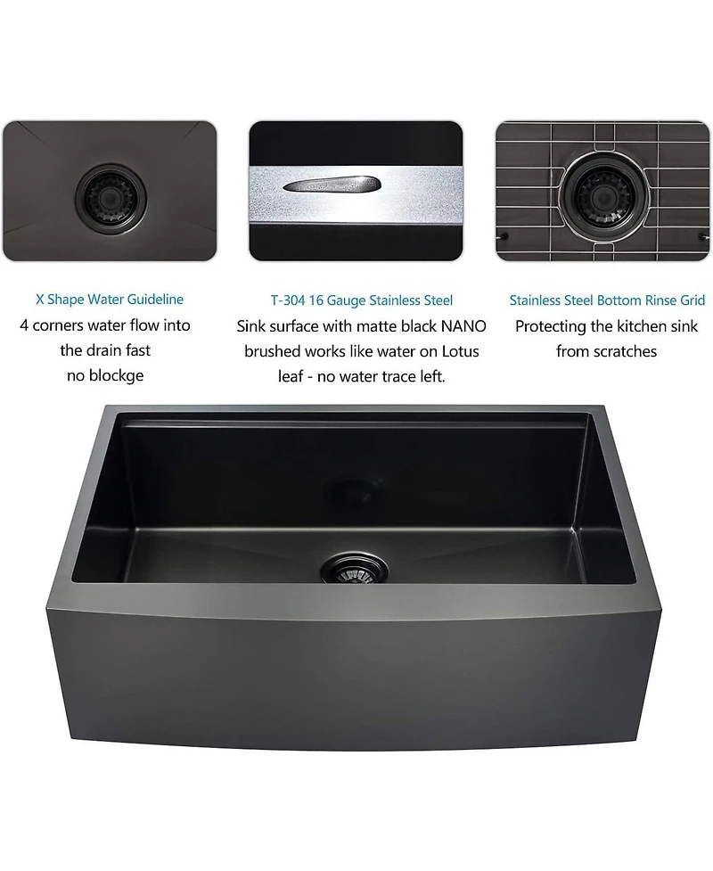 flynama 36x22x10inch Gunmetal Black Farmhouse Kitchen Sink Apron Front Workstation Stainless Steel