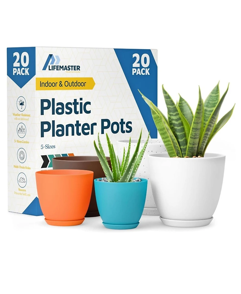 Lifemaster Multicolor Plant Pots Pack with Drainage Holes & Saucers