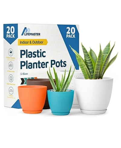 Multicolor Plant Pots 20 Pack with Drainage Holes & Saucers, Stackable Indoor & Outdoor Planters for Houseplants & Flowers, Durable & Weatherproof.