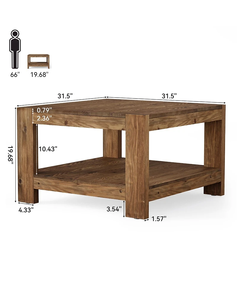 Tribesigns 31.5" Square Solid Wood Coffee Table, 2-Tier Farmhouse Center Table for Living Room & Office, Rustic Brown