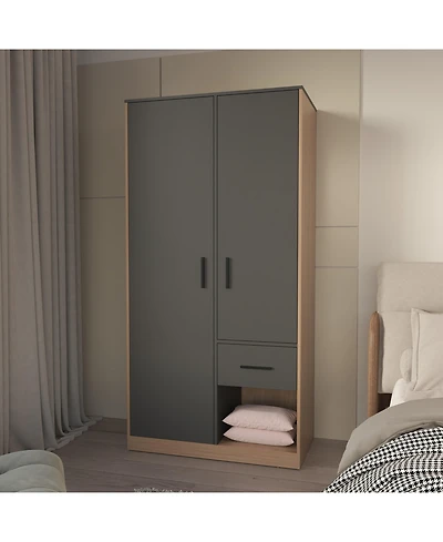 Fm Furniture Lugoff Wardrobe with Two Doors and One Drawer, Matt Grey and Natural Oak
