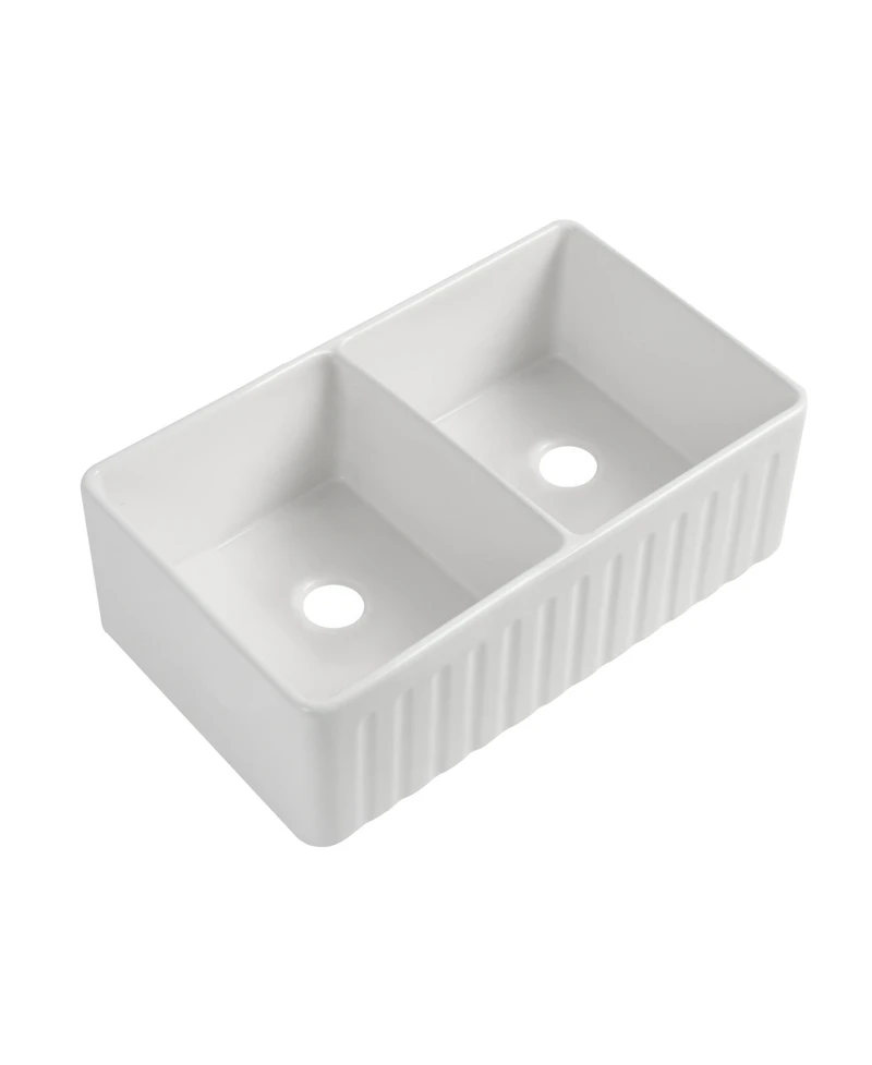 Flynama Fireclay Farmhouse Kitchen Sink, Double Basin, Apron Front, Reversible Design with Grid & Strainer, 33" x 20" x 10" Deep