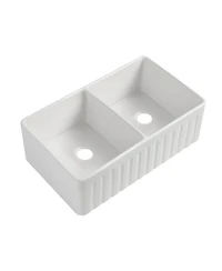 Flynama Fireclay Farmhouse Kitchen Sink, Double Basin, Apron Front, Reversible Design with Grid & Strainer, 33" x 20" x 10" Deep