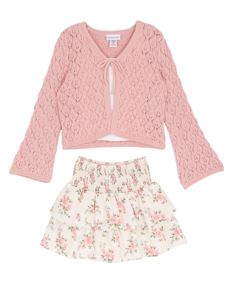 Rare Editions Girls' 7-12 Long-Sleeve Crochet Cardigan, Cami and Skort, 3-Piece Set