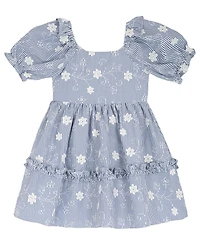 Rare Editions Girls' 2T-6X Striped Embroidered Flutter Sleeve Dress