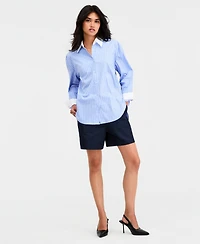 Bar Iii Women's Contrast-Collar Striped Shirt, Macy's Exclusive