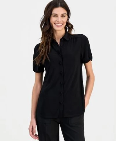 Anne Klein Womens Collared Button Front Short Sleeve Top