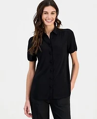 Anne Klein Womens Collared Button Front Short Sleeve Top