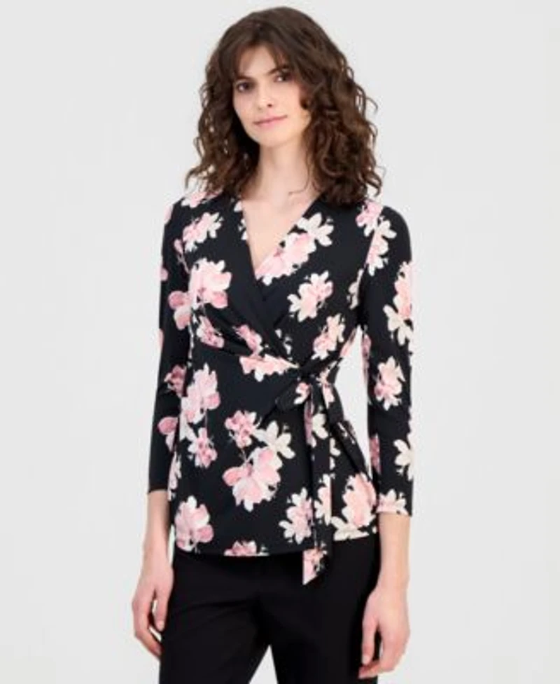 Anne Klein Womens 3 4 Sleeve Wrap Top
