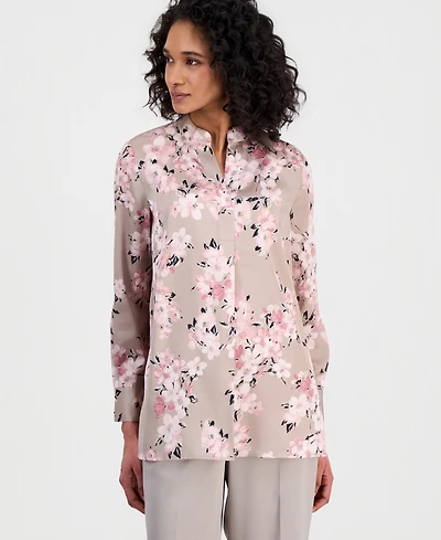 Anne Klein Women's Long-Sleeve Floral Popover Blouse