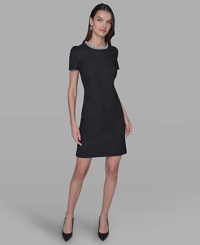 Knit Tweed Shift Dress with Crew Neckline Pearl Trim
