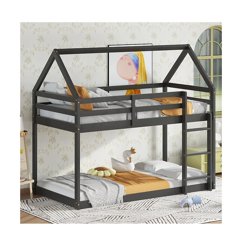 Cesicia Bunk Bed with Ladder and Guardrails Low-Height Rubber Wood Floor for Kids