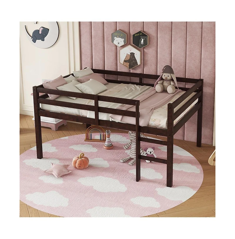 Cesicia Full Loft Bed with Ladder Rubber Wood Platform Underbed Storage and Guardrails