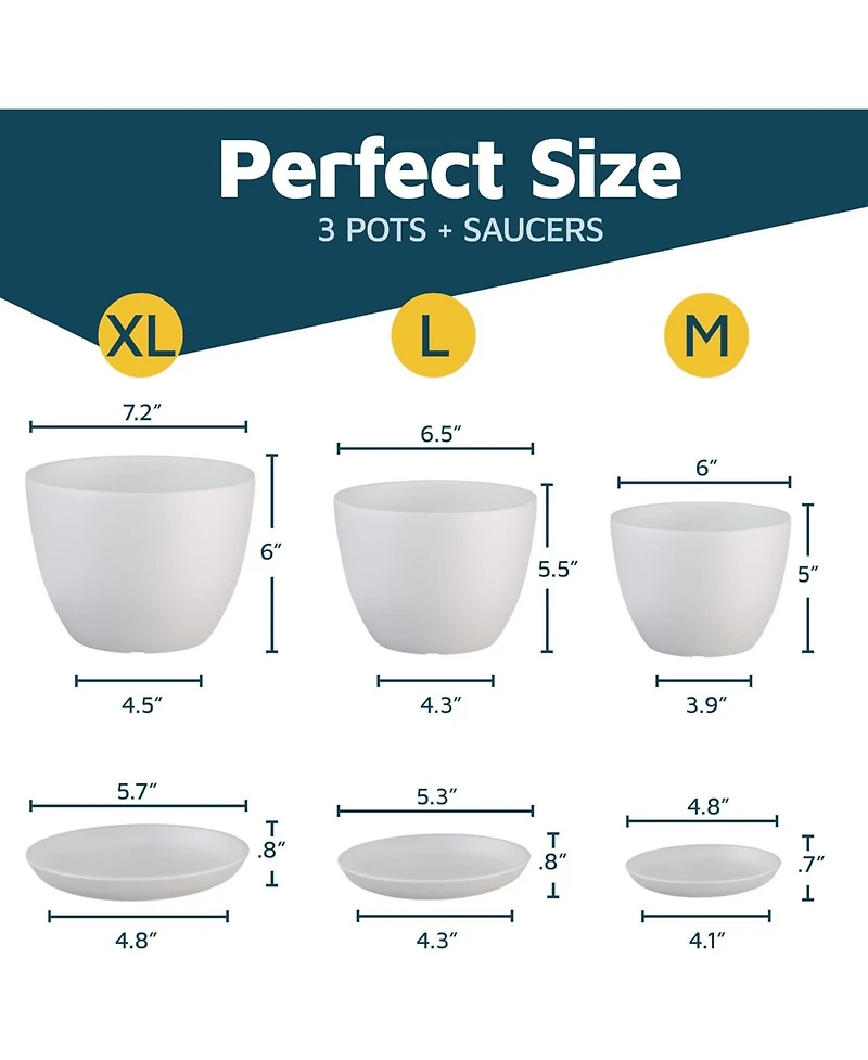 Lifemaster White Plant Pots 3-Pack with Drainage Holes & Saucers, Stackable Indoor & Outdoor Space-Saving Planters for Houseplants & Flowers