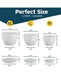 Lifemaster White Plant Pots 3-Pack with Drainage Holes & Saucers, Stackable Indoor & Outdoor Space-Saving Planters for Houseplants & Flowers