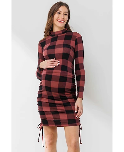 Hello Miz Maternity Bodycon Plaid Side Ruched Long Sleeve Dress