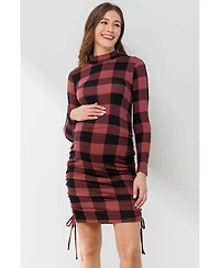 Hello Miz Maternity Bodycon Plaid Side Ruched Long Sleeve Dress