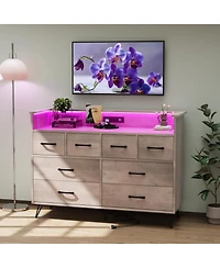 gaomon Mdf, Metal Led Light & Charging Station, Wooden Chest, Open Shelf 8-Drawer Modern Dresser