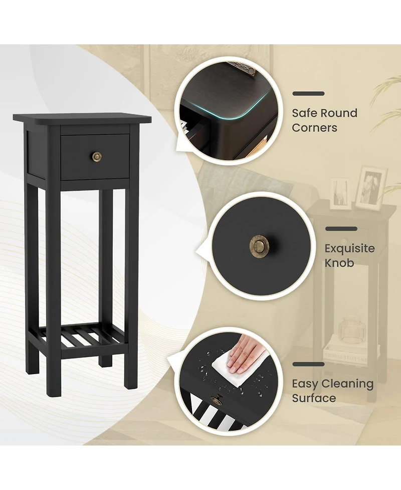 sumyeg 2 Tier Slim Nightstand Bedside Table with Drawer Shelf