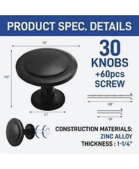 Lifemaster 30pcs 1-1/4″ Matte Black Cabinet Knobs, Rust-Proof Zinc Alloy Drawer Pulls with Short & Adjustable Screws for Cabinets