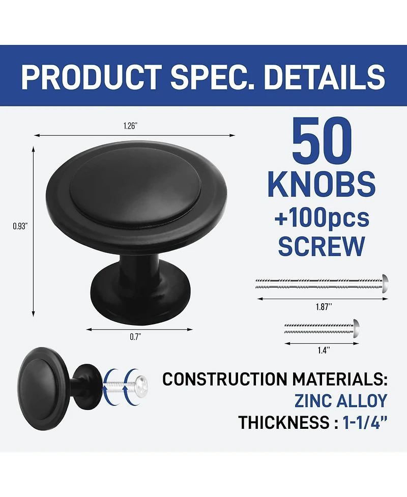 Lifemaster 50pcs 1-1/4″ Matte Black Cabinet Knobs, Rust-Proof Zinc Alloy Drawer Pulls with Short & Adjustable Screws for Kitchen Cabinets.