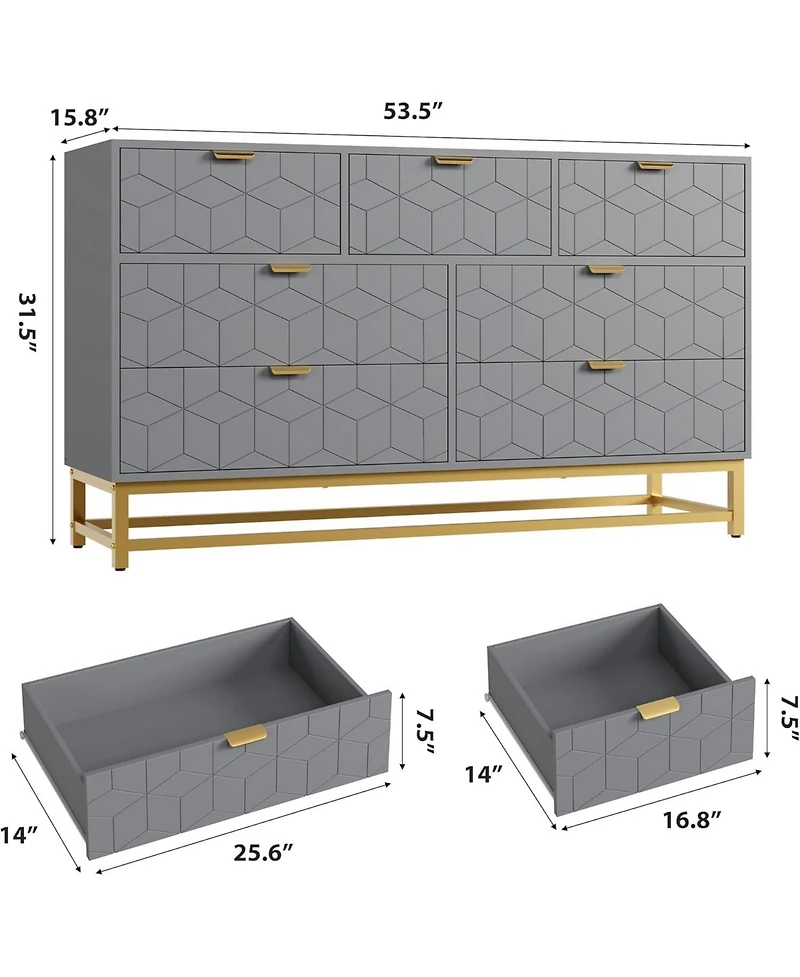 gaomon 53.5 Inch Grey 7-Drawer Modern Dresser, Gold Metal Handle & Legs, Chest Storage Organizer for Closet, Entryway