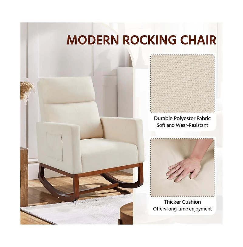 Yaheetech Fabric Upholstered High Back Rocking Chair with Solid Wood Legs, Side Pockets