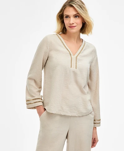 Jm Collection Women's Ladder-Trim Crinkle Gauze V-Neck Top, Macy's Exclusive