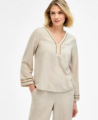 Jm Collection Women's Ladder-Trim Crinkle Gauze V-Neck Top, Macy's Exclusive