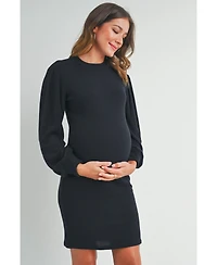Hello Miz Maternity Ribbed Mock Neck Puff Long Sleeve Dress