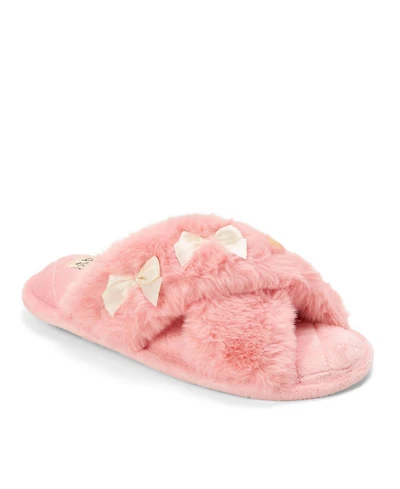 Dearfoams Women's Jessica Bows Furry Crossband Slide Slipper