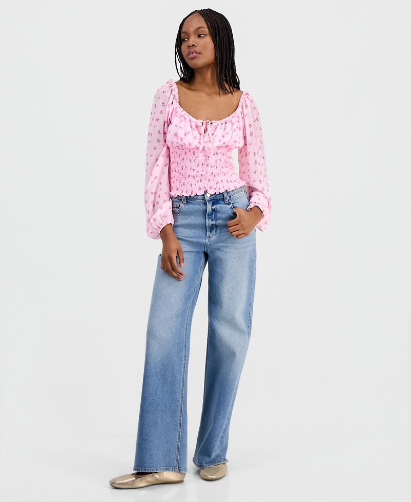 Madden Girl Juniors' Smocked Tie-Neck Top