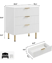 gaomon 3-Drawer White Fluted Dresser, Modern Nightstand with Deep Drawers, Wide Top, Wooden Organizer for Bedroom, Living Room, Hallway