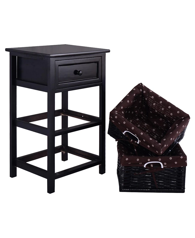 sumyeg 3 Tiers Wooden Storage Nightstand with 2 Baskets and 1 Drawer
