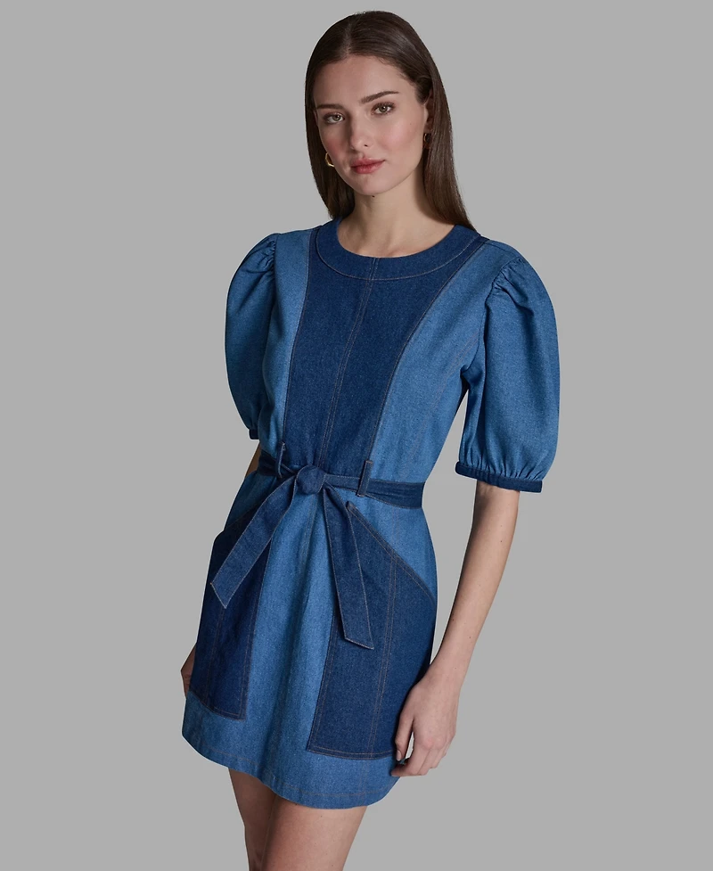 Bcbg Women's Two-Tone Tie Waist Crew neck Dress