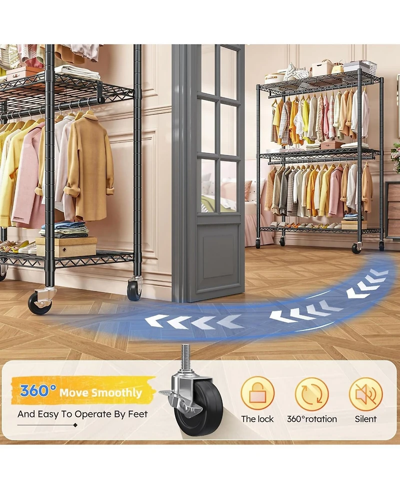 Raybee Rolling Clothes Rack, Heavy Duty Clothing Racks for Hanging Clothes with Adjustable Feet,Metal Freestanding Portable Closet